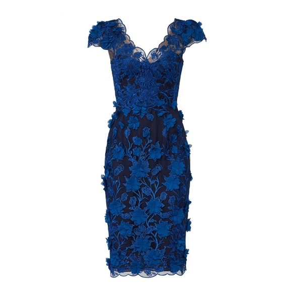 Marchesa Notte Blue Floral 3D Applique Lace V-Neck Sheath Dress Size 0 - Picture 2 of 10